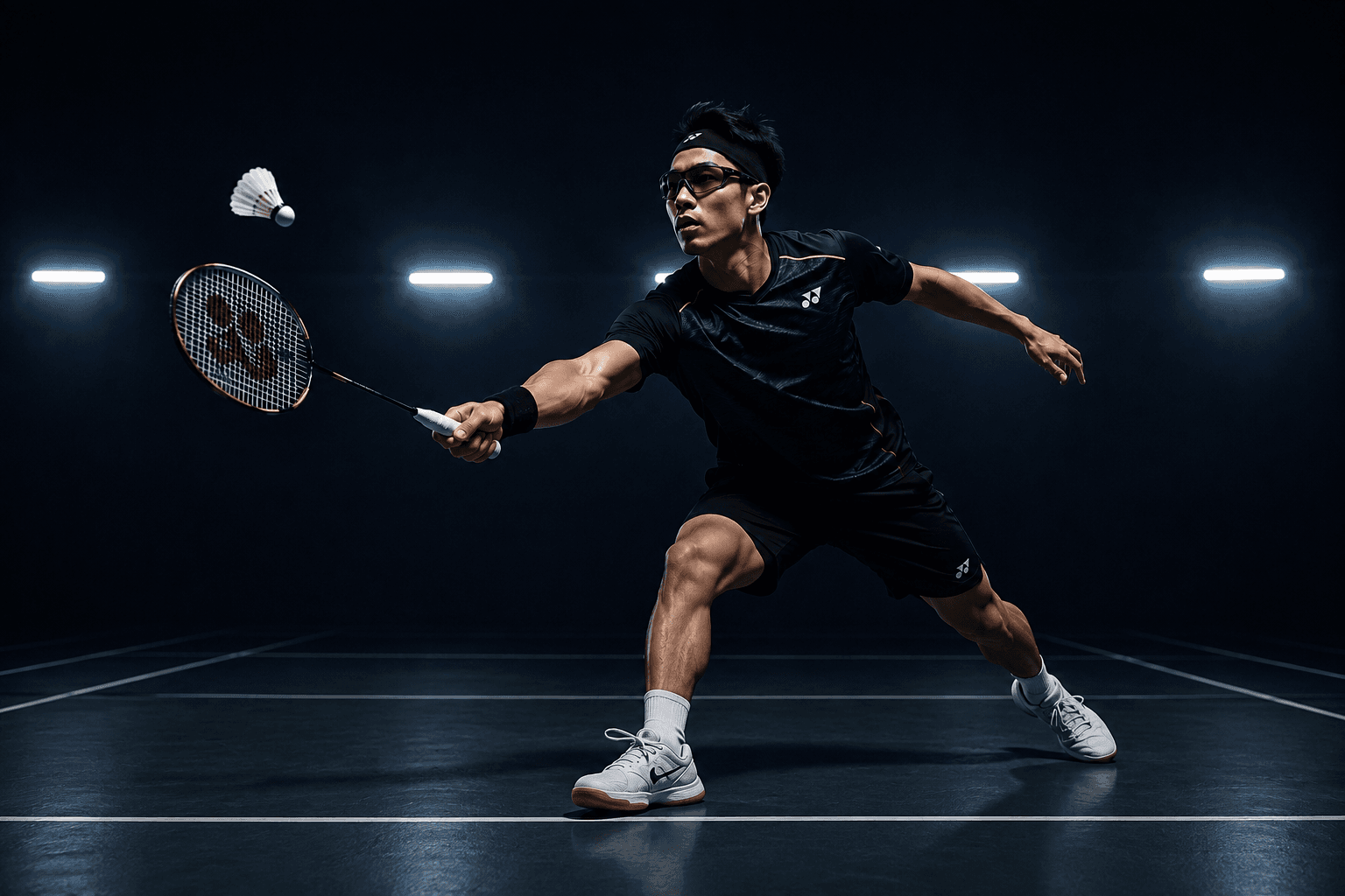 Badminton athlete lunging to strike a shuttlecock in a dark arena, wearing Netrax glasses
