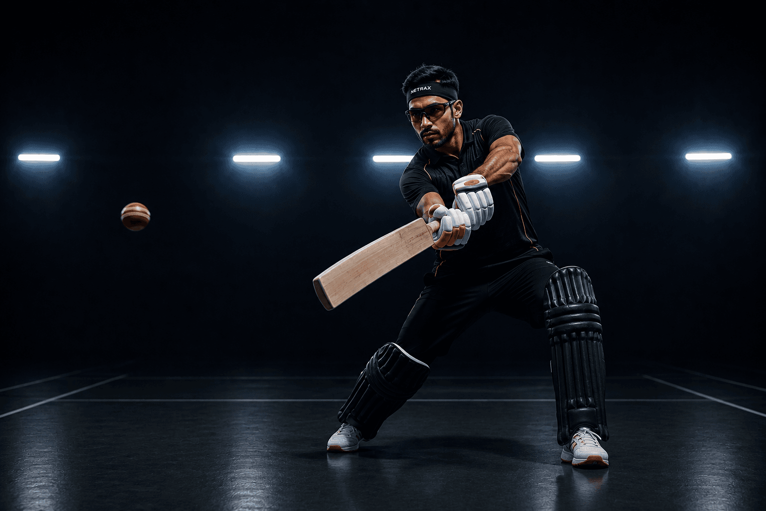 Cricket batter mid-swing in a dark arena, wearing Netrax glasses