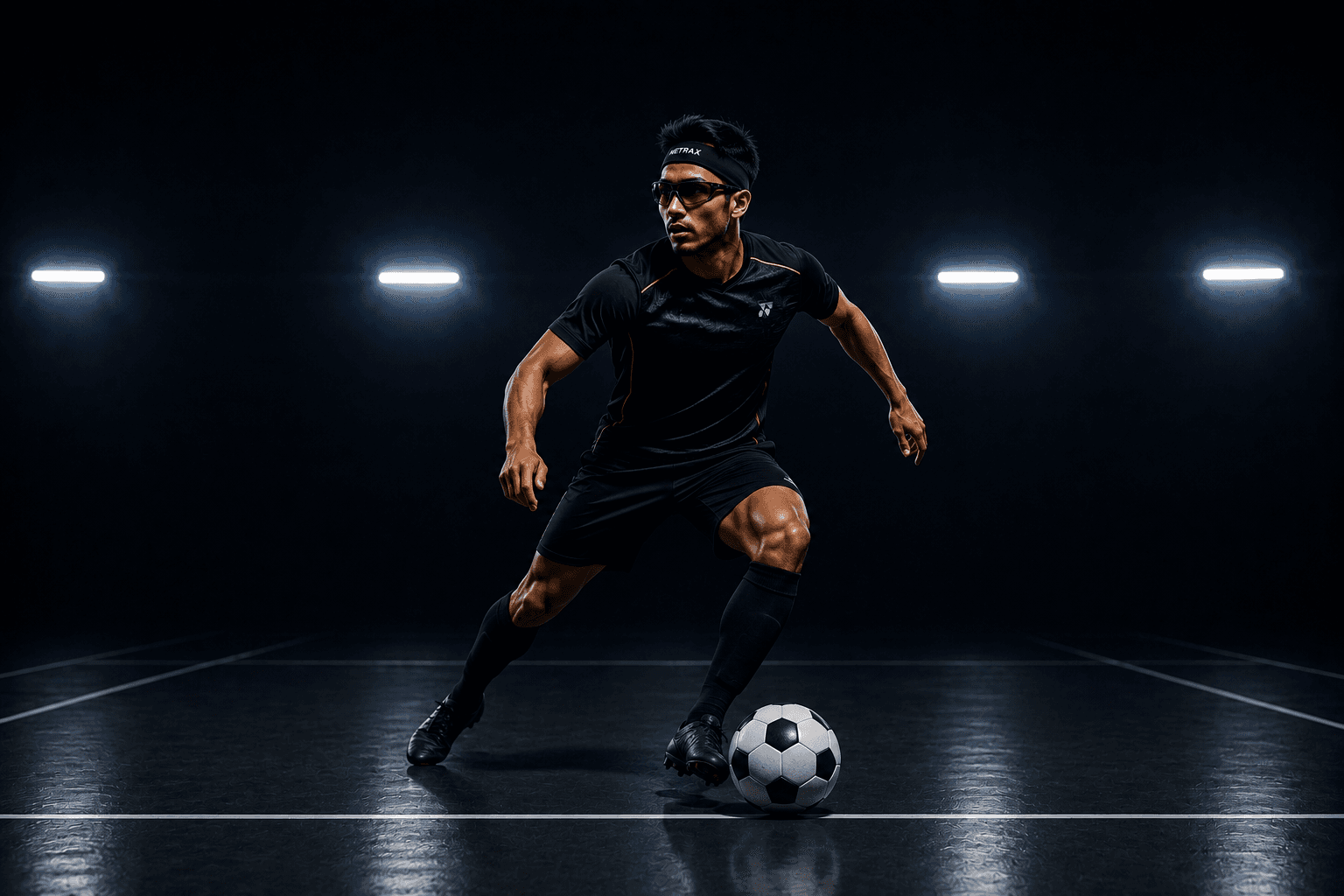 Soccer athlete dribbling in a dark arena, wearing Netrax glasses